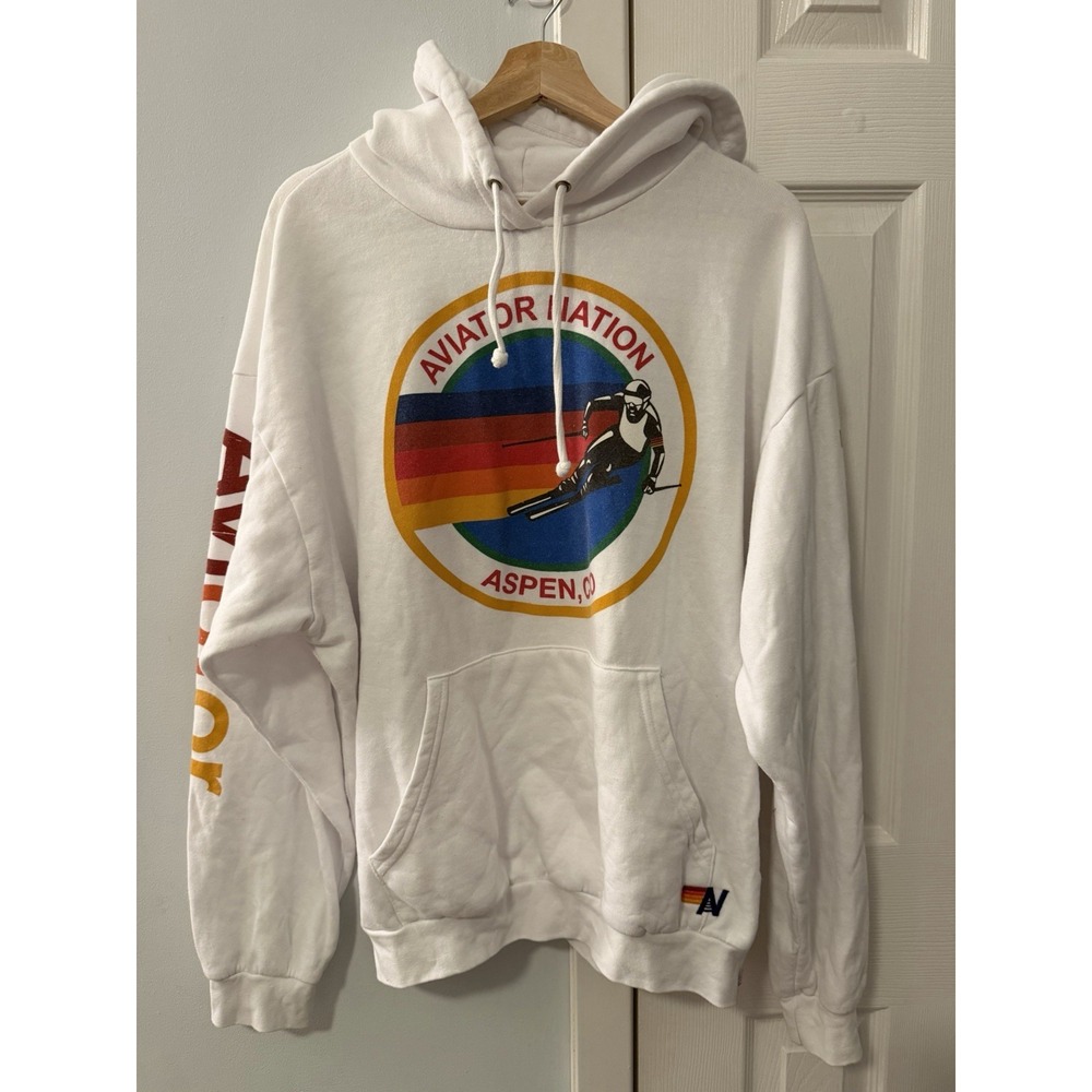 Aviator Nation Aspen Colorado White Logo Graphic Hoodie Sweatshirt Sz L Skiing